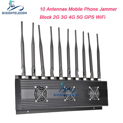 18W Daya Keluar 10 Antenna Jammer Sinyal Telepon Seluler dengan Jamming Radius 40m untuk VHF UHF 4G 5G Blocking