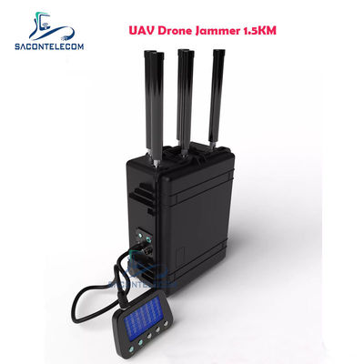 Waterproof UAV Drone Signal Jammer IP55 1,5 km Manpack Dibangun Dalam Baterai