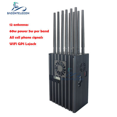 60W High Power Portable Jammer dengan Radius 40m dan 12 Saluran untuk 2G 3G 4G 5G WiFi GPS Lojack