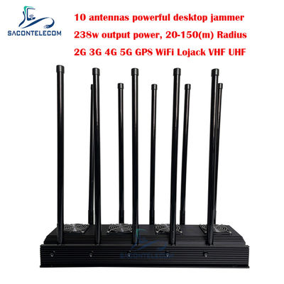 10 Saluran Jammer Sinyal Telepon Seluler 238w Daya Tinggi Untuk 5G Wifi GPS Lojack VHF UHF