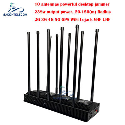 10 Saluran Jammer Sinyal Telepon Seluler 238w Daya Tinggi Untuk 5G Wifi GPS Lojack VHF UHF