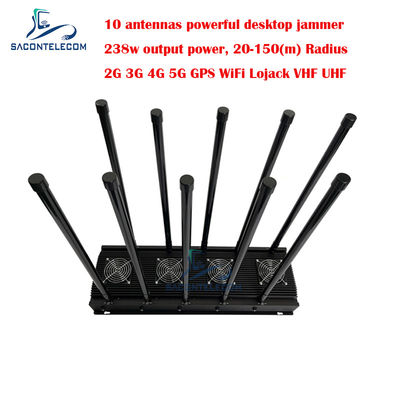 10 Saluran Jammer Sinyal Telepon Seluler 238w Daya Tinggi Untuk 5G Wifi GPS Lojack VHF UHF