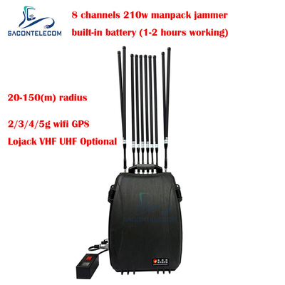 5G Wifi Lojack 150m Manpack sinyal ponsel Jammer 8 saluran 230w Daya tinggi