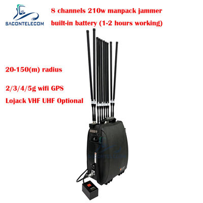 5G Wifi Lojack 150m Manpack sinyal ponsel Jammer 8 saluran 230w Daya tinggi