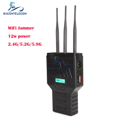 Penghambat Sinyal Telepon Seluler WiFi Bluetooth Genggam 12W 2.4G 5.2G 5.8G dengan Jangkauan 50 Meter