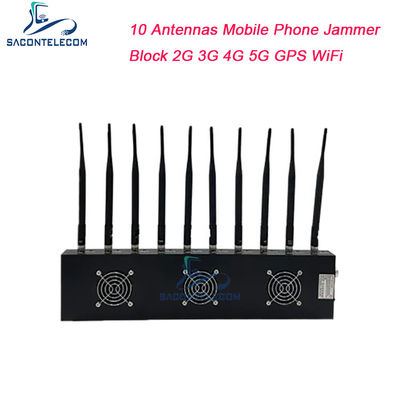 18W Daya Keluar 10 Antenna Jammer Sinyal Telepon Seluler dengan Jamming Radius 40m untuk VHF UHF 4G 5G Blocking